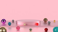 粉红色的柔和的颜色产品站与色彩斑斓的大理石背景摘要最小的几何概念工作室讲台上基座平台展览业务市场营销现在阶段插图渲染