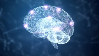 摘要胡德大脑和紧张<strong>系统</strong>线框全息图模拟节点与照明蓝色的<strong>背景</strong>纳米技术和未来主义的科学概念医疗和医疗保健情报和知识大脑结构