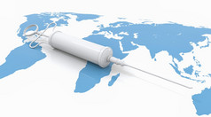 白色疫苗注射器蓝色的在世界范围内国际地图人类皮肤背景医疗和健康概念病毒免疫力疫苗交付和分布概念插图
