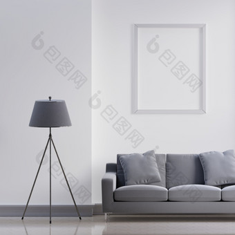奢侈品现代室内白色和灰色的语气生活房间首页装饰概念背景三个腿电灯和空图片框架大理石墙和地板上插图呈现图形