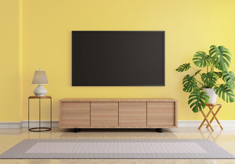 生活房间与空白屏幕挂液晶显示器电视模拟黄色的墙monstera植物和桌子上灯和灰色地毯大理石地板上体系结构和室内概念插图呈现