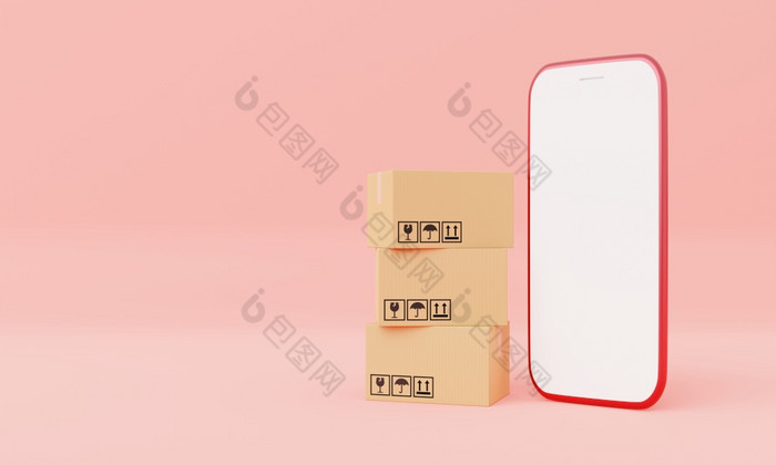 carboardboxes与孤立的白色屏幕智能手机模型粉红色的柔和的背景业务交付和购物在线概念保持首页为订单的产品主题插图呈现
