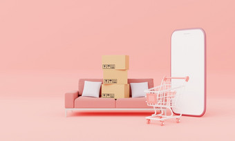 纸板盒子与孤立的白色屏幕智能手机与生活房间沙发家具和购物<strong>车模</strong>型粉红色的柔和的背景业务购物在线概念插图呈现