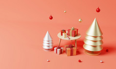 圣诞节集装饰和点缀与金和银圣诞节树和雪花红色的背景假期节日和极简主义对象概念插图呈现