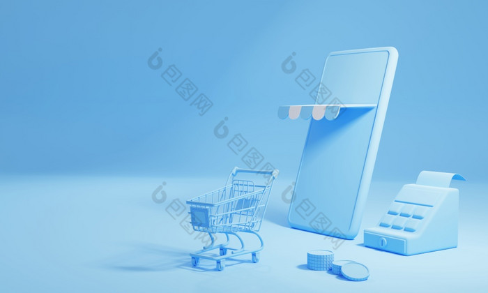 在线购物和交付概念与复制空间蓝色的背景业务和交付电子商务商店插图呈现