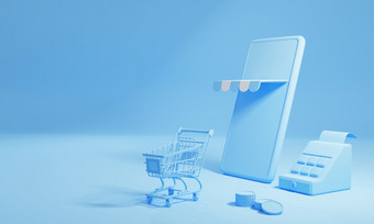 在线购物和交付概念与复制空间蓝色的背景业务和交付电子商务商店插图呈现