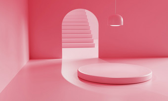 粉红色的空房间与讲台上为广告最小的<strong>背景</strong>体系结构和业务产品演讲概念<strong>纯色</strong>主题插图呈现