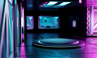 内部宇宙飞船实验室室内体系结构和空讲台上为赛博朋克产品演讲技术和<strong>科幻</strong>概念插图呈现