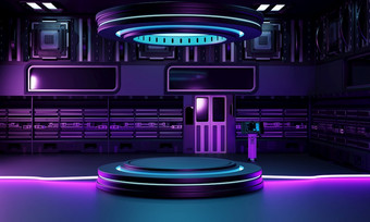 内部宇宙飞船实验室室内体系结构和空讲台上为赛博朋克产品演讲技术和科幻概念插图呈现