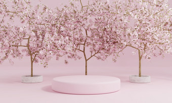 最小的<strong>风</strong>格油缸粉红色的产品讲台上展示与樱桃开<strong>花树</strong>樱花日本语言公共花园技术和对象概念插图呈现