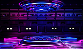赛博朋克科幻产品讲台上展示宇宙飞船基地与蓝色的和粉红色的背景技术和对象概念插图呈现
