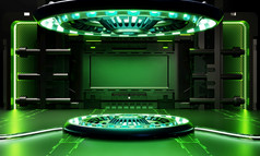 科幻产品讲台上展示宇宙飞船与绿色光背景空间技术和对象概念插图呈现