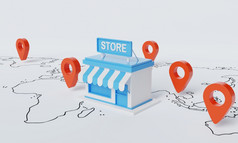 商店商店与位置销特许经营著名的品牌的白色地图背景业务启动老板和企业家沟通信息概念插图呈现