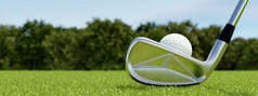 高尔夫球球三通和高尔夫球俱乐部与球道绿色背景体育运动和运动概念横幅为广告与复制空间插图呈现