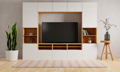 电视橱柜的中间现代生活房间背景室内和体系结构概念插图呈现