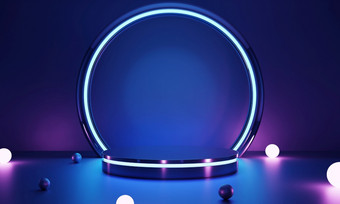 赛博朋克两个语气颜色粉红色的发光的灯和蓝色的空讲台上为产品演讲技术和<strong>科幻</strong>概念插图呈现