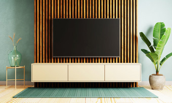 日本风格现代生活房间与挂模型电视墙背景室内和体系结构概念插图呈现