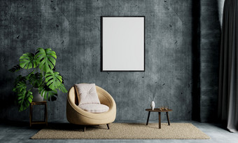 生活房间与挂白色孤立的空模型照片框架阁楼墙背景室内和体系结构概念插图呈现