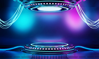 内部宇宙飞船实验室与空讲台上室内<strong>体系结构</strong>与发光的蓝色的和粉红色的霓虹灯为赛博朋克产品演讲技术和科幻概念插图呈现
