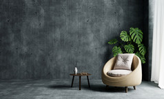 生活房间与扶手椅沙发和monstera植物空和复制空间阁楼混凝土墙背景室内和体系结构概念插图呈现