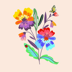 草地精致的花束与春天花和昆虫蝴蝶蜻蜓和甲虫春天模式为明信片包装网络设计向量插图