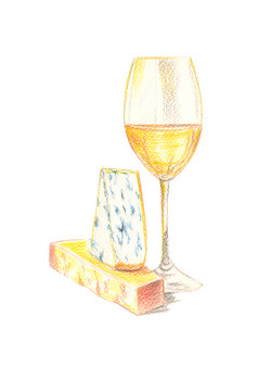 手水彩画酒玻璃和奶酪为零食孤立的背景