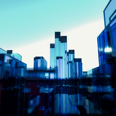 插图摘要城市景观三个维蓝色的和红色的矩形玻璃多边形对蓝色的天空与发光的地平线