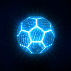 发光的霓虹灯足球足球球与蓝色的接缝和蓝色的细胞浮动的黑暗黑色的背景