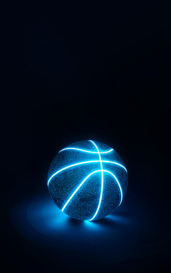 呈现有创意的篮球与发光的蓝色的霓虹灯接缝午夜蓝色的背景铸造发光的表面下面与复制空间