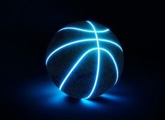 呈现有<strong>创意</strong>的篮球与发光的<strong>蓝色</strong>的霓虹灯接缝午夜<strong>蓝色</strong>的背景铸造发光的表面下面与复制空间