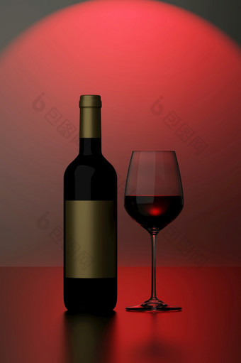 图像瓶红色的酒与黄金标签和完整的玻璃杯状<strong>实景</strong>照片风格红色的黑暗<strong>背景</strong>渲染