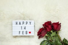 花束栗色玫瑰牛奶白色皮毛地毯lightbox与登记快乐2月那意味着情人节一天平躺前视图2月庆祝活动概念水平