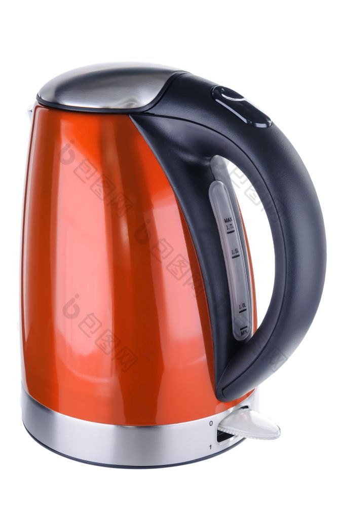 不锈钢钢画红色的橙色颜色孤立的无线电水壶与黑色的塑料处理白色背景红色的画不锈钢钢水壶白色背景