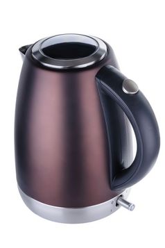 不锈钢钢画棕色（的）马特颜色孤立的无线电水壶与黑色的塑料处理白色背景棕色（的）马特画不锈钢钢水壶白色背景