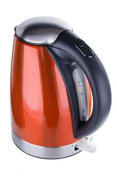 不锈钢钢画红色的橙色颜色孤立的无线电水壶与黑色的塑料处理白色背景红色的画不锈钢钢水壶白色背景