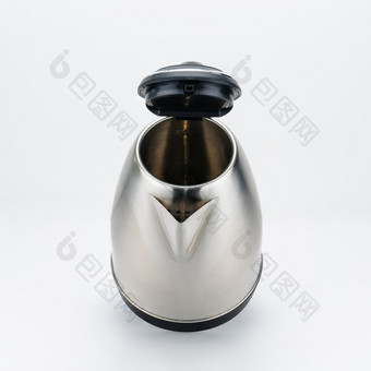 不锈钢钢无线电水壶与黑色的塑料处理的白色背景开放成员不锈钢钢水壶的白色背景
