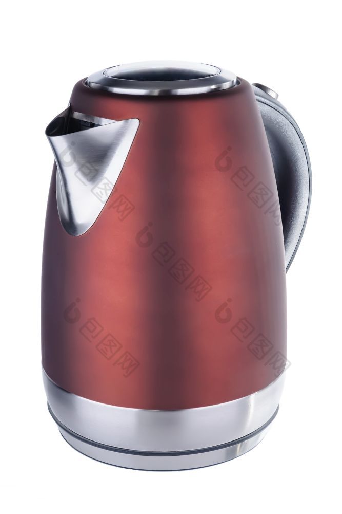 不锈钢钢画红色的马特颜色孤立的无线电水壶与黑色的塑料处理白色背景红色的马特不锈钢钢水壶白色背景