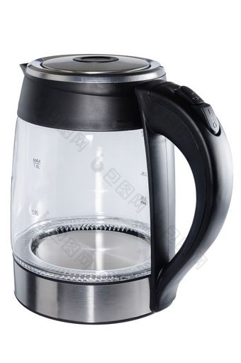 玻璃孤立的无线电水壶与黑色的塑料处理和不锈钢钢元素白色背景玻璃水壶白色背景
