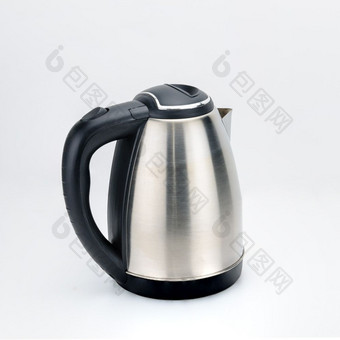 不锈钢钢无线电水壶与黑色的塑料处理的白色背景不锈钢钢水壶的白色背景