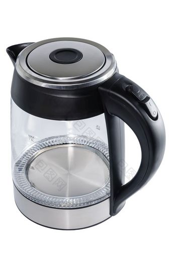 玻璃孤立的无线电水壶与黑色的塑料处理和不锈钢钢元素白色背景玻璃水壶白色背景