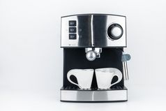 表示咖啡机与蒸汽飞机的白色背景与复制空间表示咖啡机的白色背景与复制空间