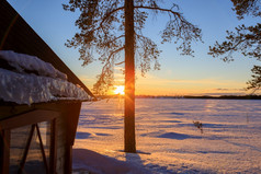 日落的冬天景观瑞典