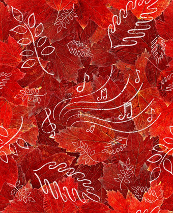 秋天红色的叶子背景画叶子和音乐的笔记无缝的模式干扫描树叶子秋天红色的叶子背景画叶子和音乐的笔记无缝的模式