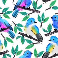 为纺织壁纸包装网络背景和其他模式填满明亮的无缝的模式与鸟的树夏天设计