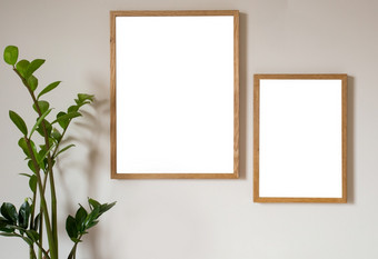室内设计生活房间与两个棕色（的）模拟照片框架现代墙空白帆布与美丽的植物优雅的个人配件复制空间时尚的装饰美室内设计生活房间与两个棕色（的）模拟照片框架现代墙空白帆布与美丽的植物优雅的个人配件复制空间时尚