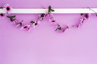 快乐的色彩斑斓的粉红色的紫色的雏菊加兰挂粉红色的墙背景纹理美丽的现代设计与复制空间摘要装饰与花快乐的色彩斑斓的粉红色的紫色的雏菊加兰挂粉红色的墙背景纹理美丽的现代设计与复制空间