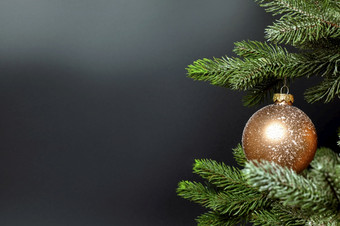 一个单圣诞节小玩意挂新鲜的绿色分支圣诞节树附近黑暗黑色的背景与复制空间快乐圣诞节假期概念空间为文本一个单圣诞节小玩意挂新鲜的绿色分支圣诞节树附近黑暗黑色的背景与复制空间快乐圣诞节假期概念