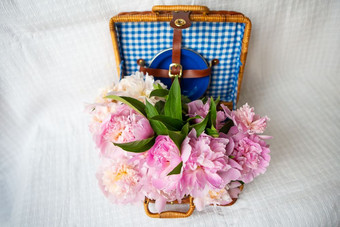 的美粉红色的牡丹花束古董真实的棕色（的）手提箱特写镜头的美粉红色的牡丹花束古董真实的棕色（的）手提箱
