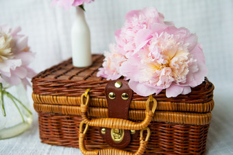 非常美丽的花束粉红色的牡丹花瓶站木手提箱美丽的作文特写镜头非常美丽的花束粉红色的牡丹花瓶站木手提箱美丽的作文