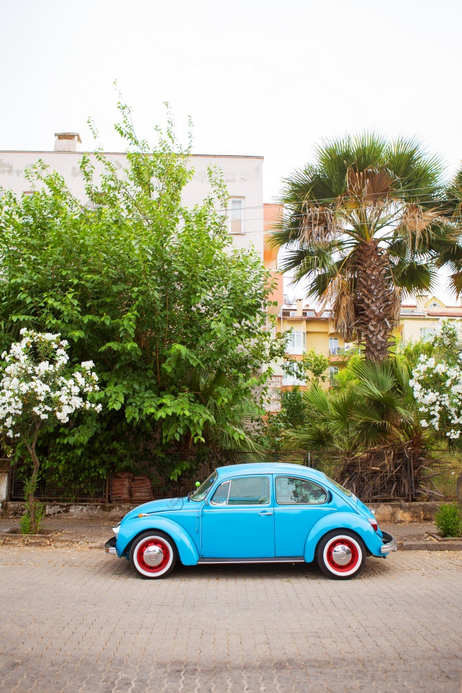 蓝色的大众汽车甲虫停美丽的位置路旅行车海假期假期蓝色的大众汽车甲虫停美丽的位置路旅行车海假期假期